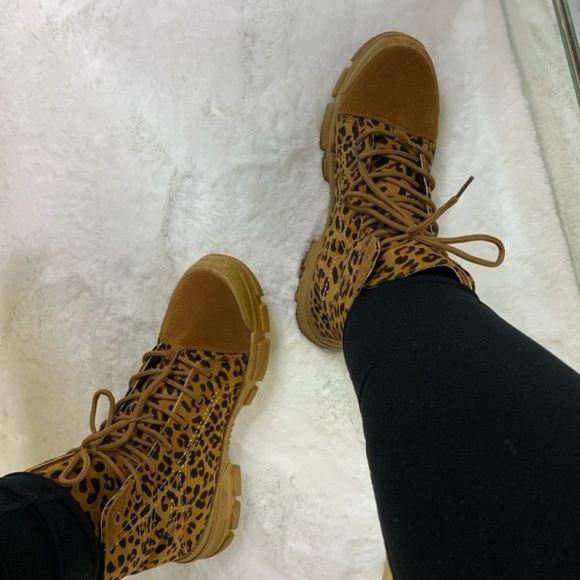 Canvas & Faux Suede Combat Boots in Leopard - Picture 6 of 8